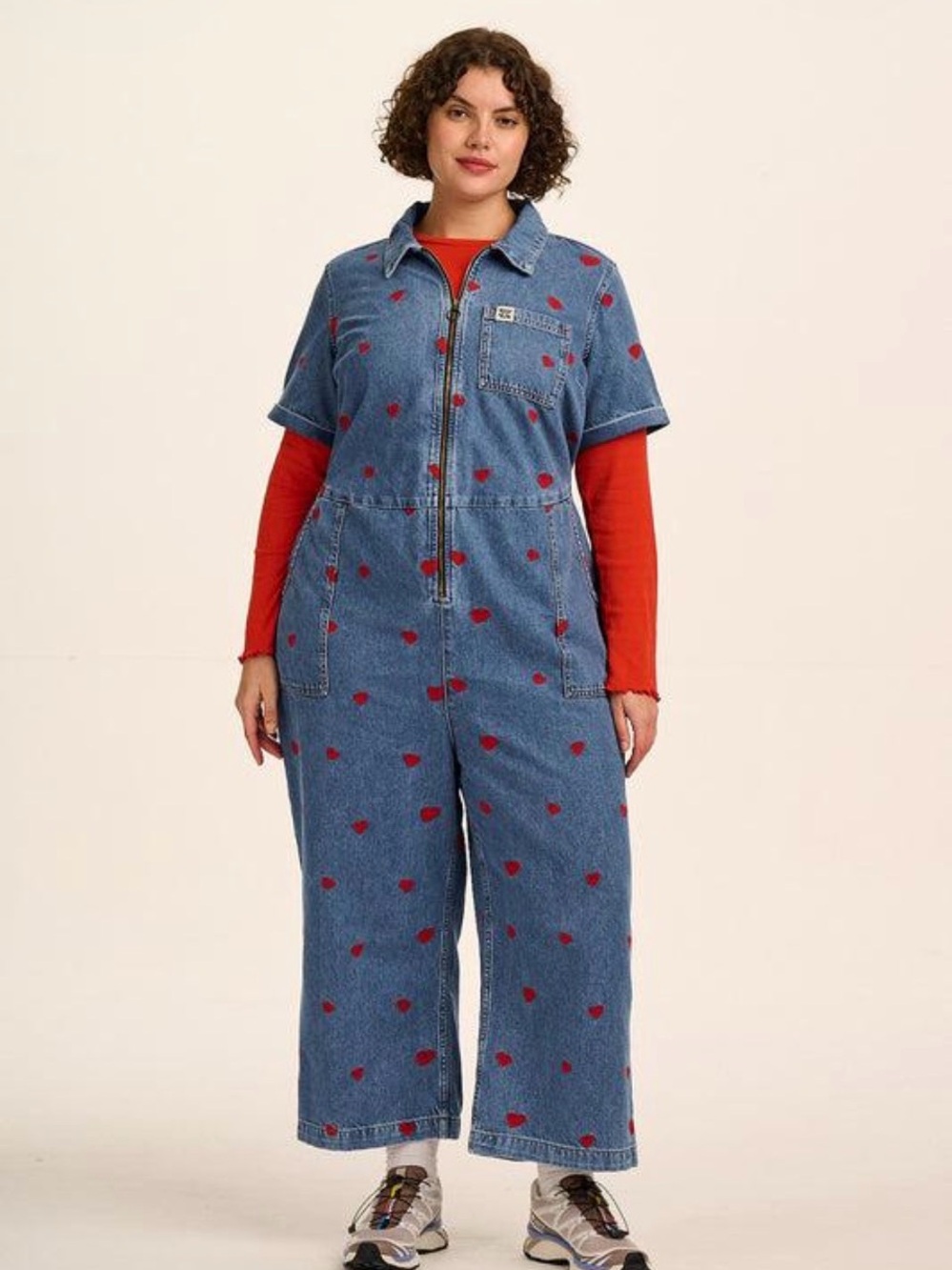 Lucy & Yak Ragan Cupid Denim Heart Jumpsuit Boilersuit - US 12 SHORT/ UK 16s